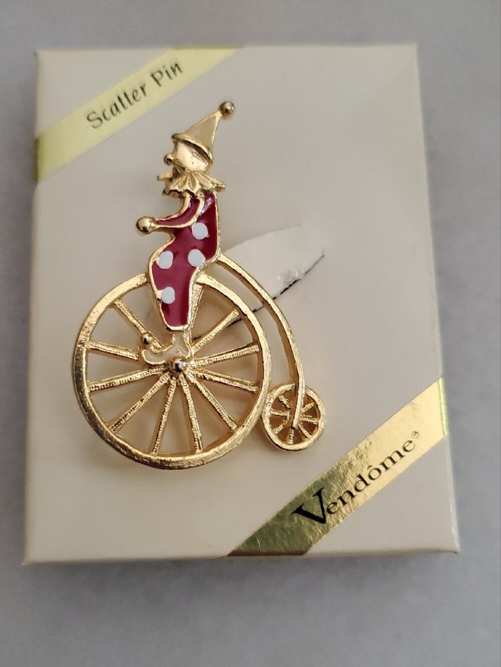 Gold Clown on Penny-Farthing Brooch - Red and White Accents - Picture 2 of 5
